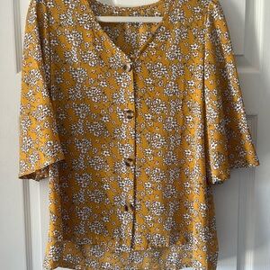 Floral Boho-Style Top - Mustard & White - Medium